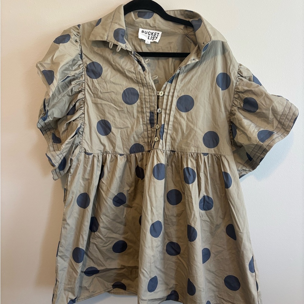 BUCKETLIST Olive Green Mini Dress with Navy Polka Dots